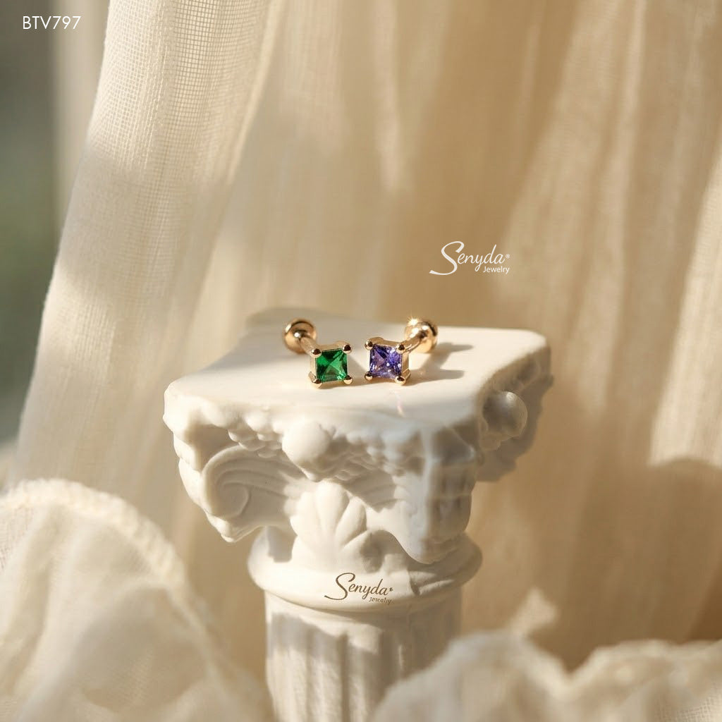 14K Solid Gold Square-Cut Multicolor CZ Stud Earrings