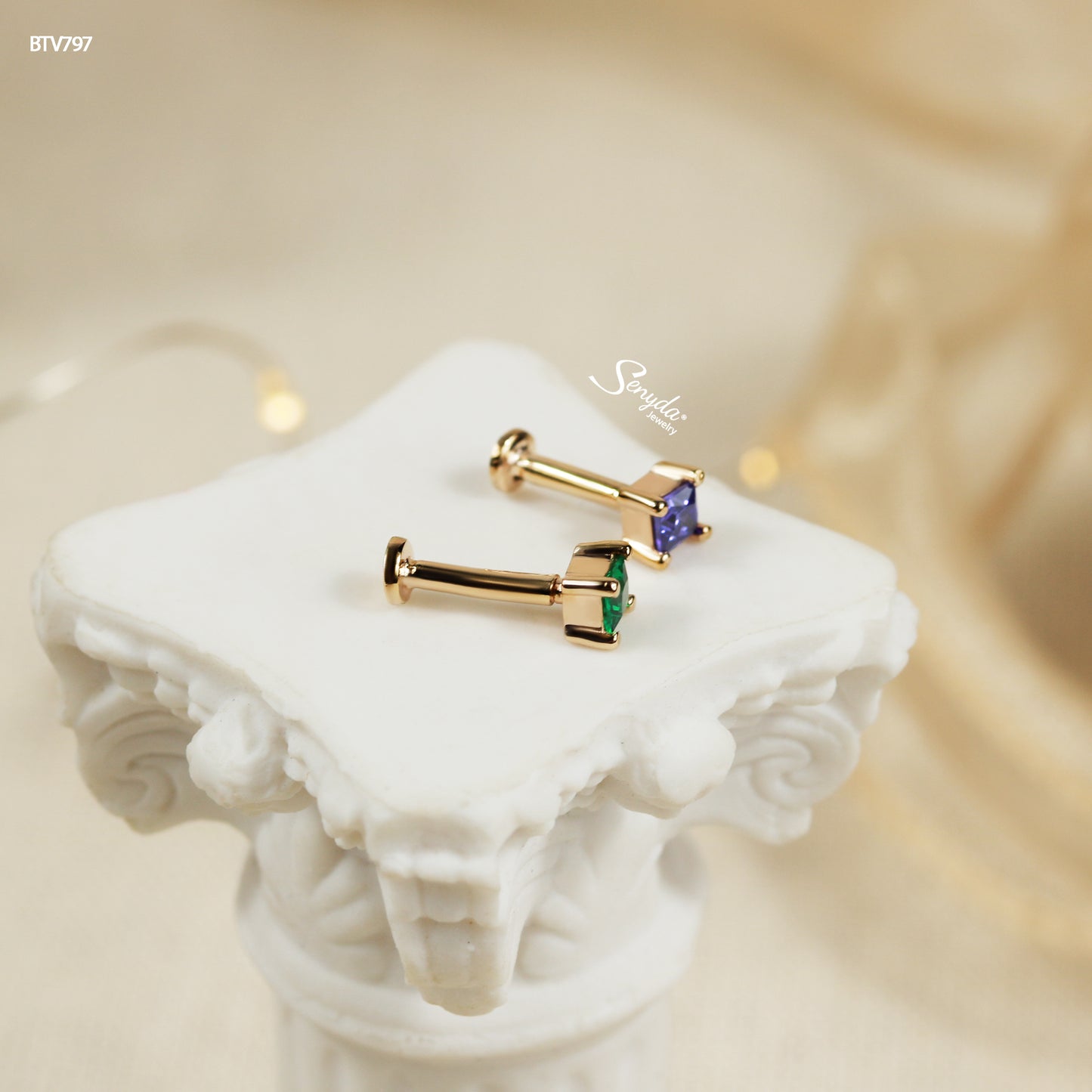 14K Solid Gold Square-Cut Multicolor CZ Stud Earrings