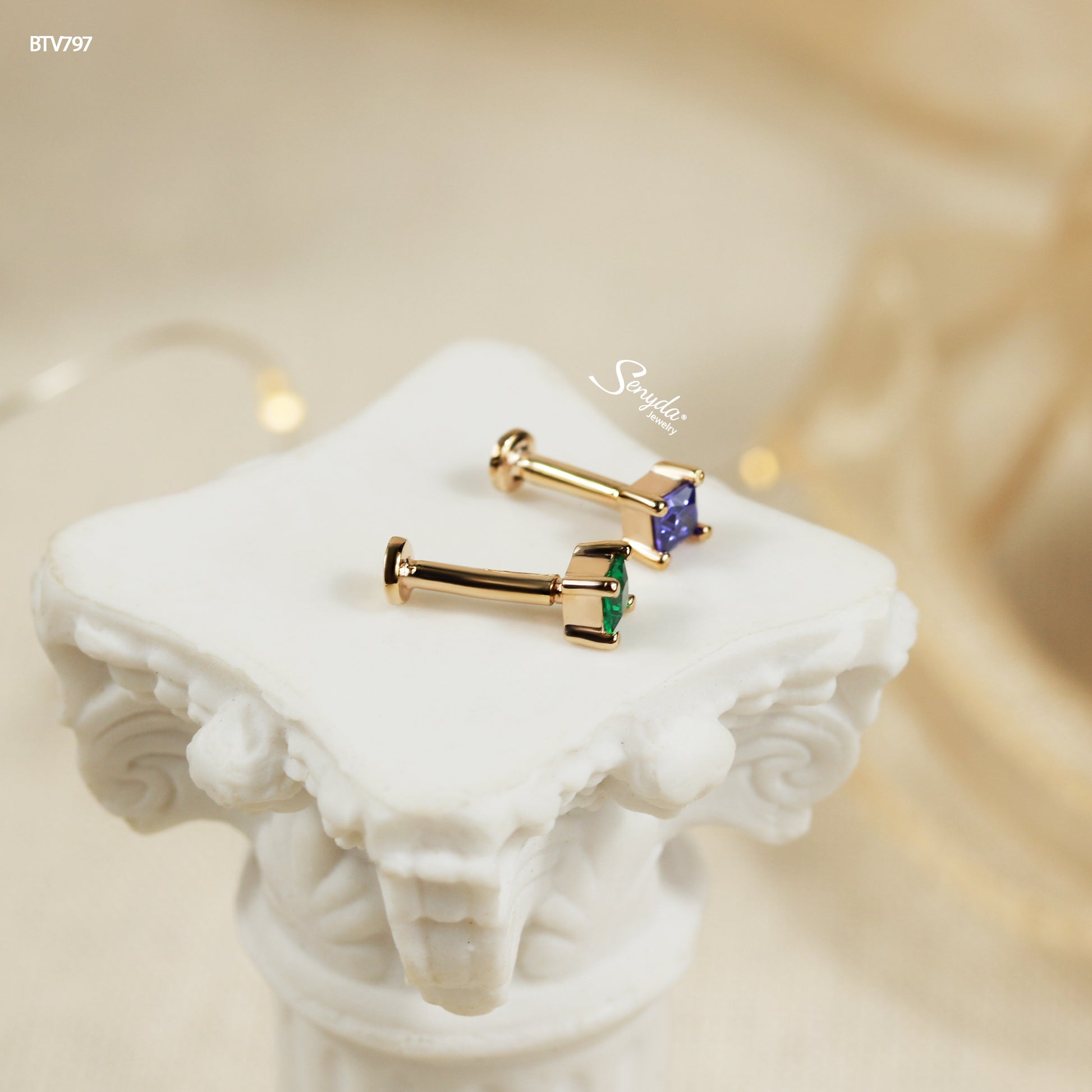 14K Solid Gold Square-Cut Multicolor CZ Stud Earrings