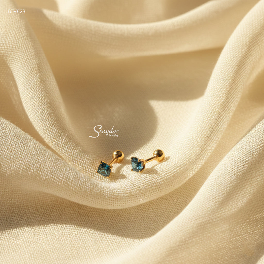10K Solid Gold 4mm Square Blue Zircon Stud Earrings