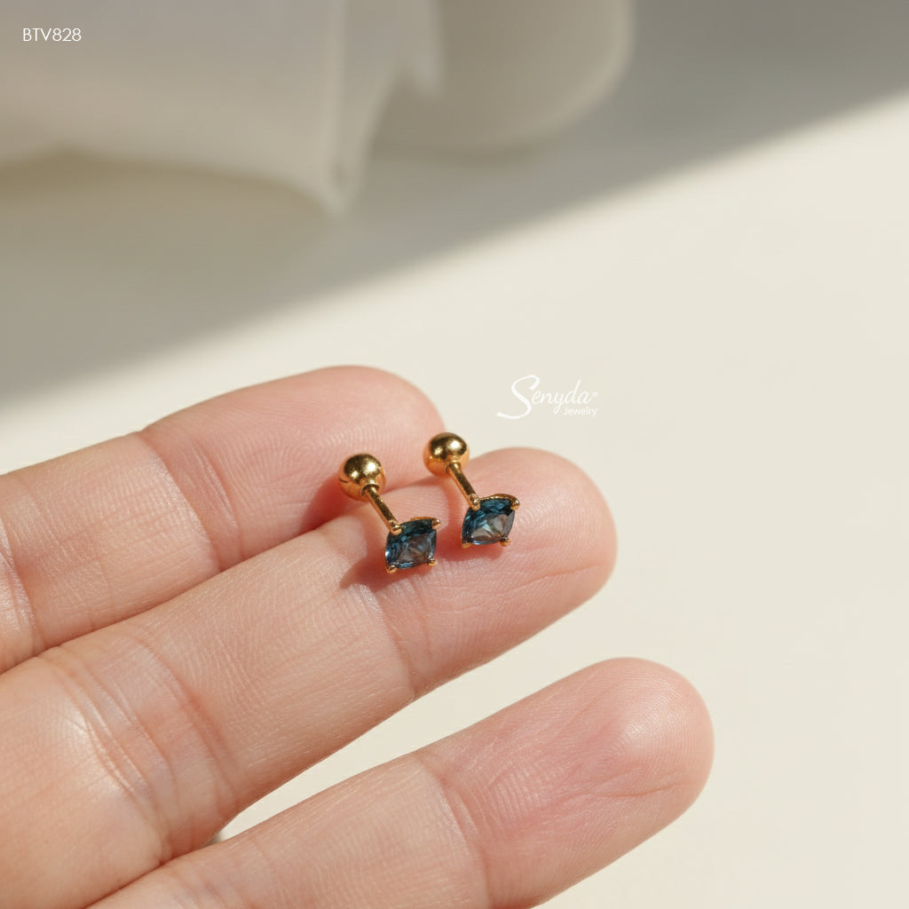 10K Solid Gold 4mm Square Blue Zircon Stud Earrings