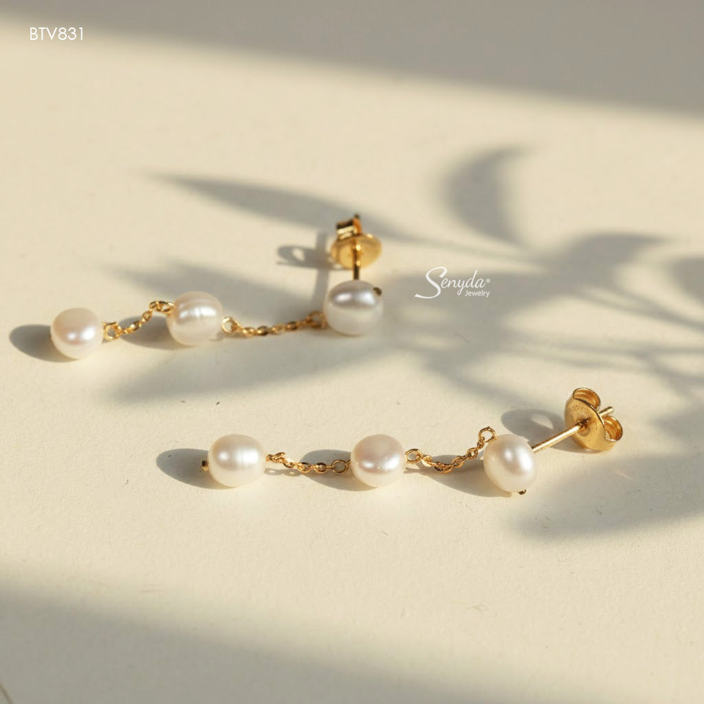 14K Solid Gold Natural Freshwater Pearl Drop Earrings