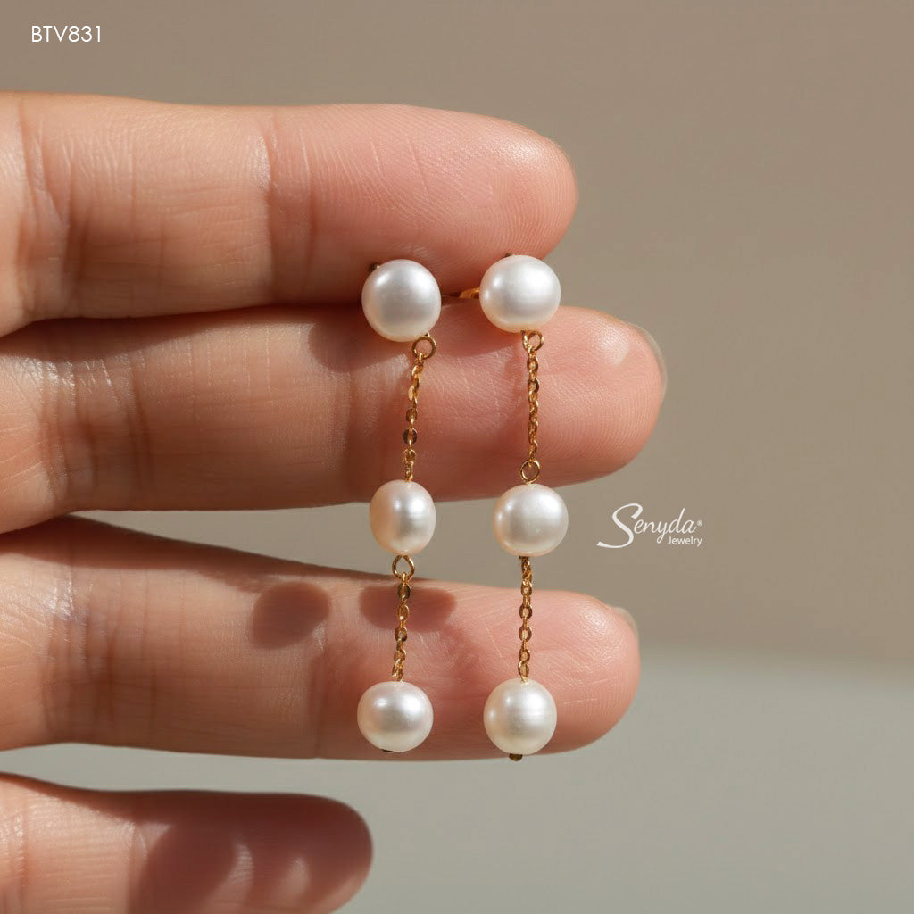 14K Solid Gold Natural Freshwater Pearl Drop Earrings