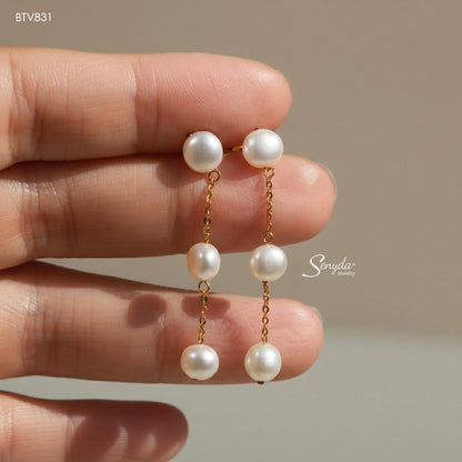 14K Solid Gold Natural Freshwater Pearl Drop Earrings