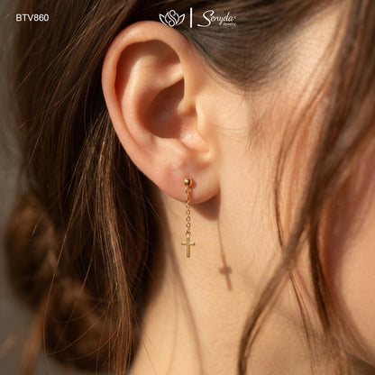 14K Solid Gold Ball Stud Long Chain Cross Dangle Earrings