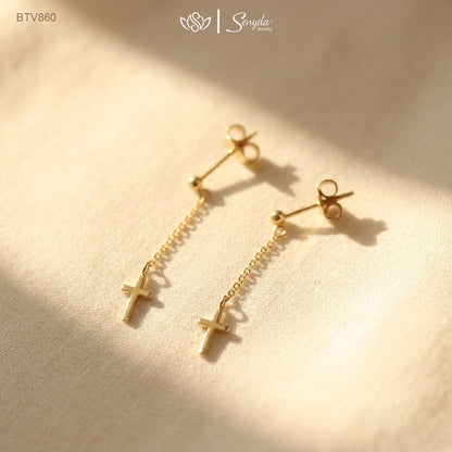 14K Solid Gold Ball Stud Long Chain Cross Dangle Earrings