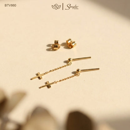 14K Solid Gold Ball Stud Long Chain Cross Dangle Earrings