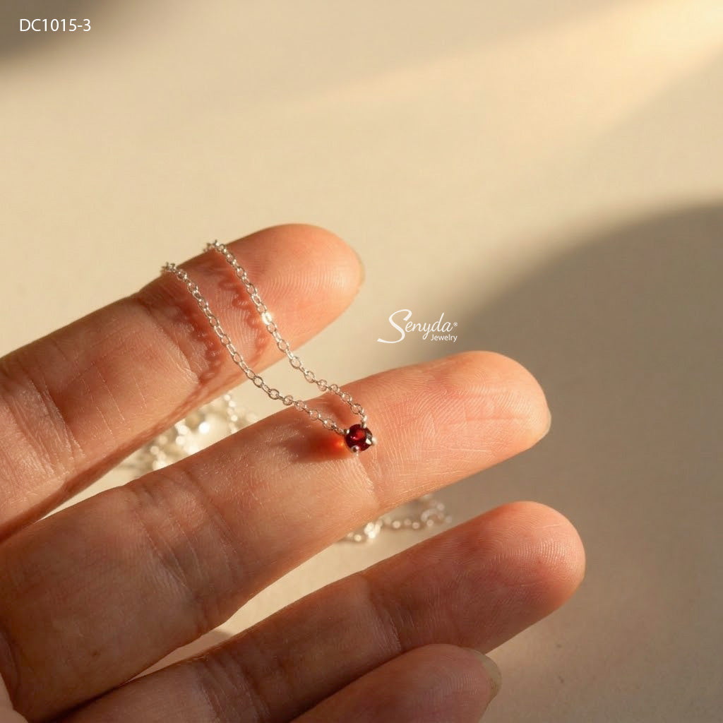 Sterling Silver 925 Red Garnet Solitaire Necklace