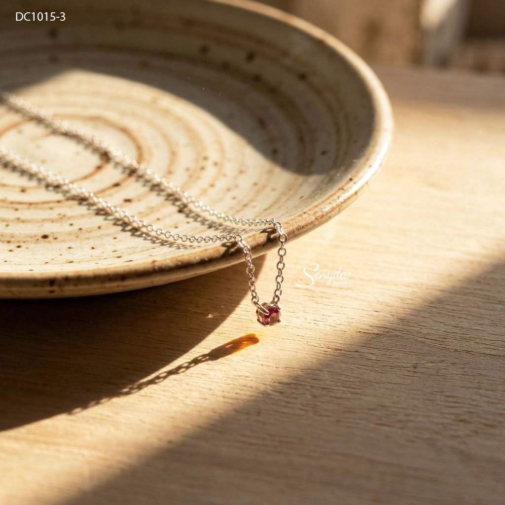 Sterling Silver 925 Red Garnet Solitaire Necklace