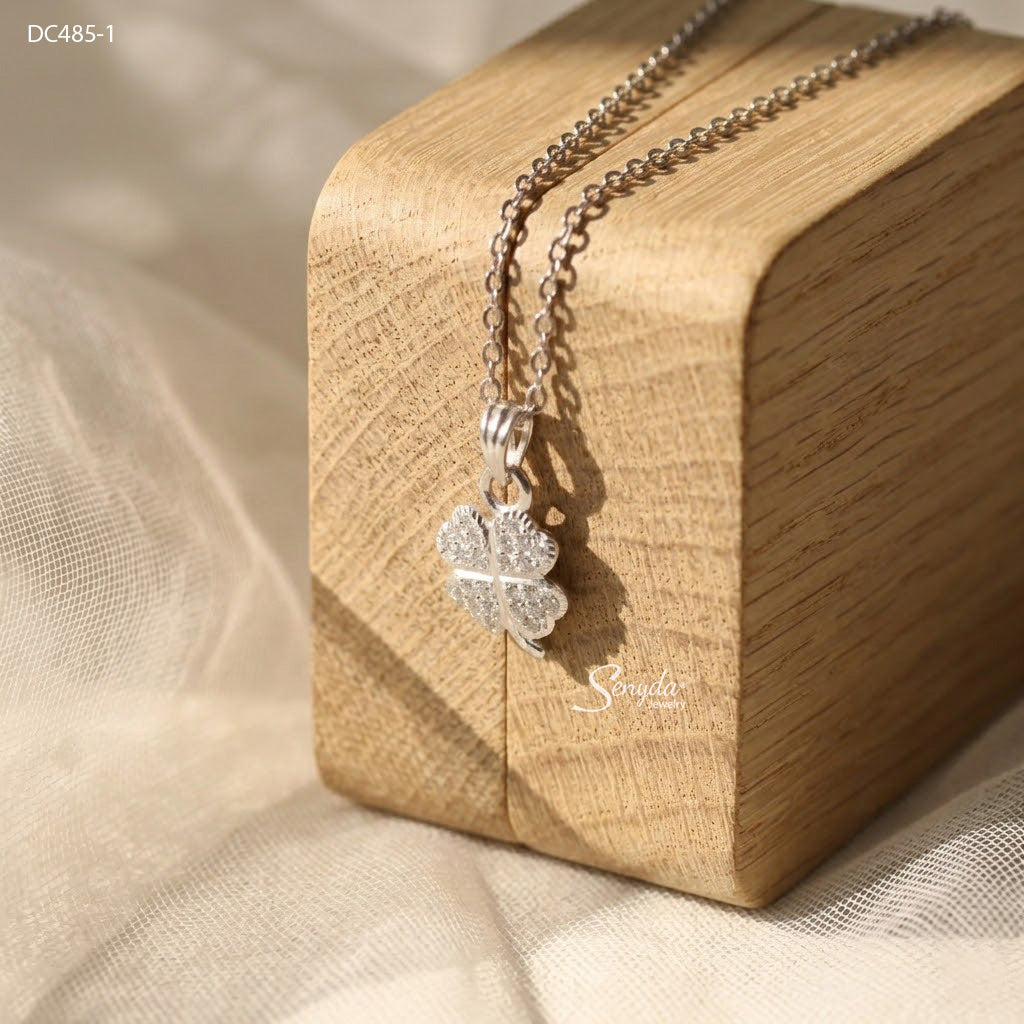 Sterling Silver 925 Pavé Four-Leaf Clover Necklace