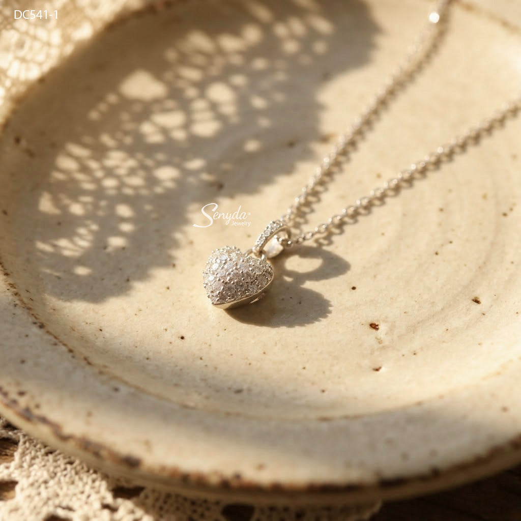 Sterling Silver 925 Pavé Puffy Heart Necklace