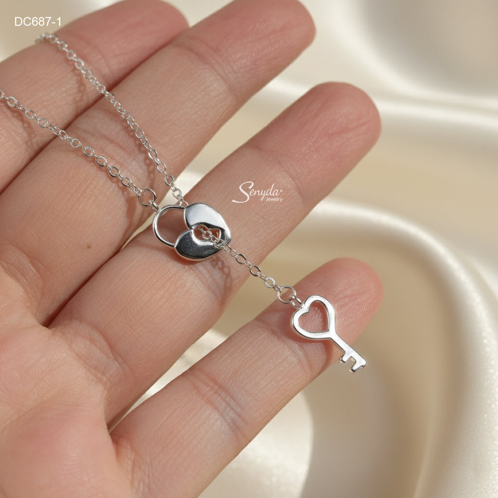 Sterling Silver 925 Heart Key And Lock Necklace