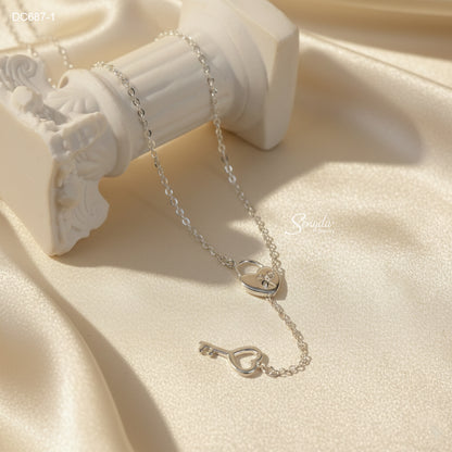 Sterling Silver 925 Heart Key And Lock Necklace
