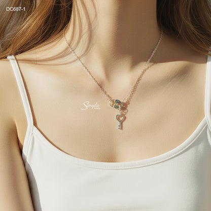 Sterling Silver 925 Heart Key And Lock Necklace