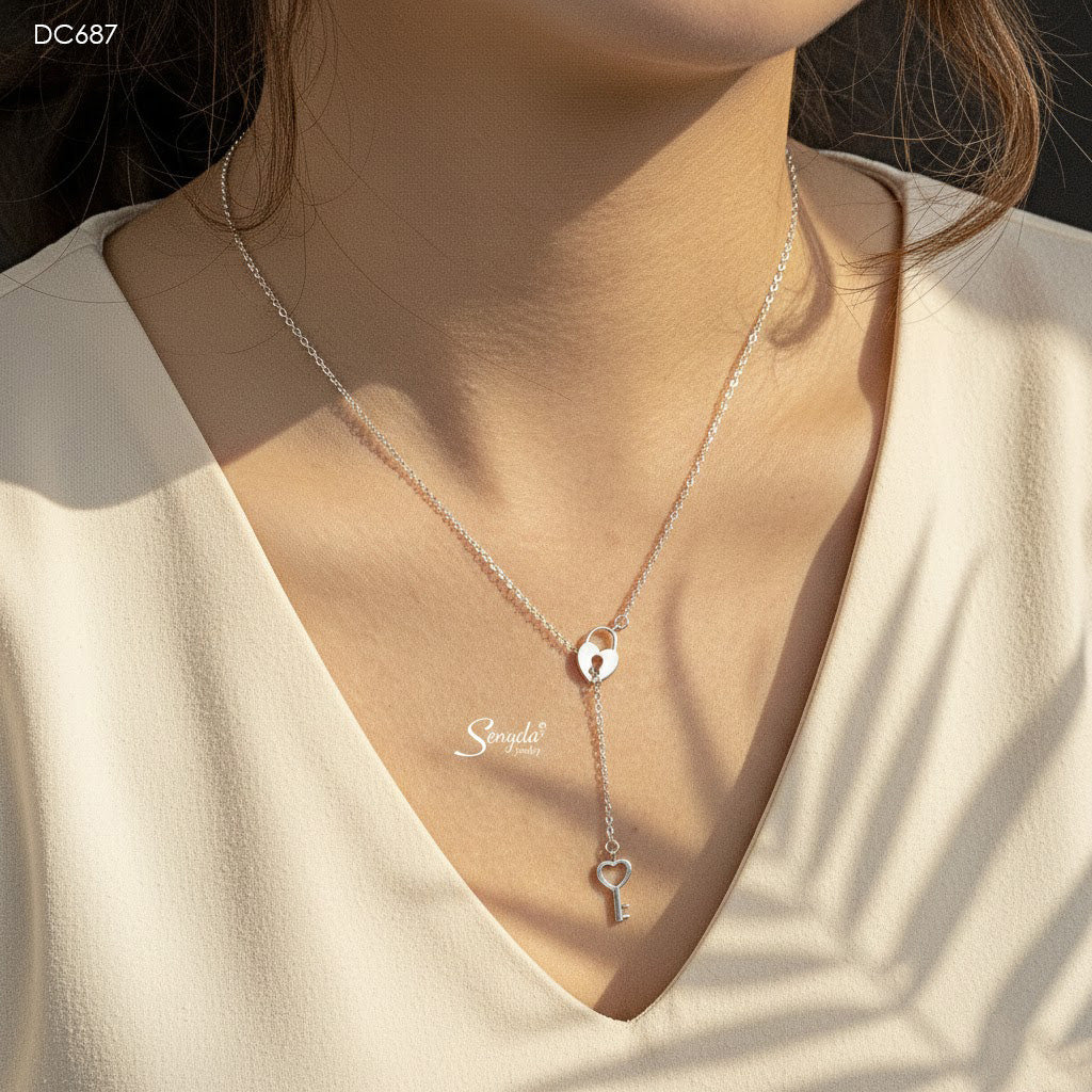 Sterling Silver 925 Heart Key And Lock Necklace
