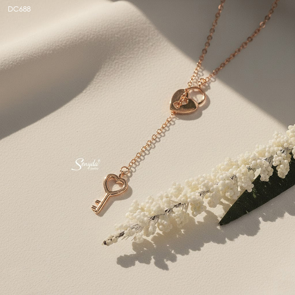 Sterling Silver 925 Heart Key And Lock Necklace