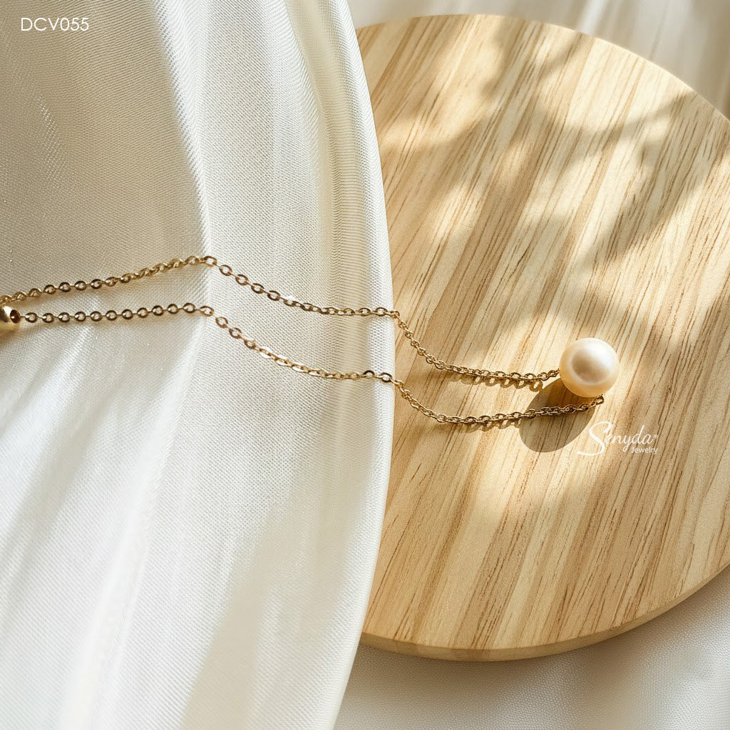 10K Solid Gold Single Freshwater Pearl In Dainty Chain Necklace With Bead