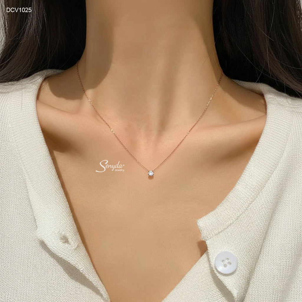 18K Solid Gold Cubic Zirconia Solitaire 4-Prong Necklace