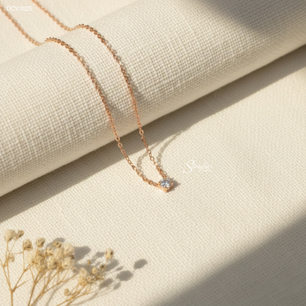 18K Solid Gold Cubic Zirconia Solitaire 4-Prong Necklace