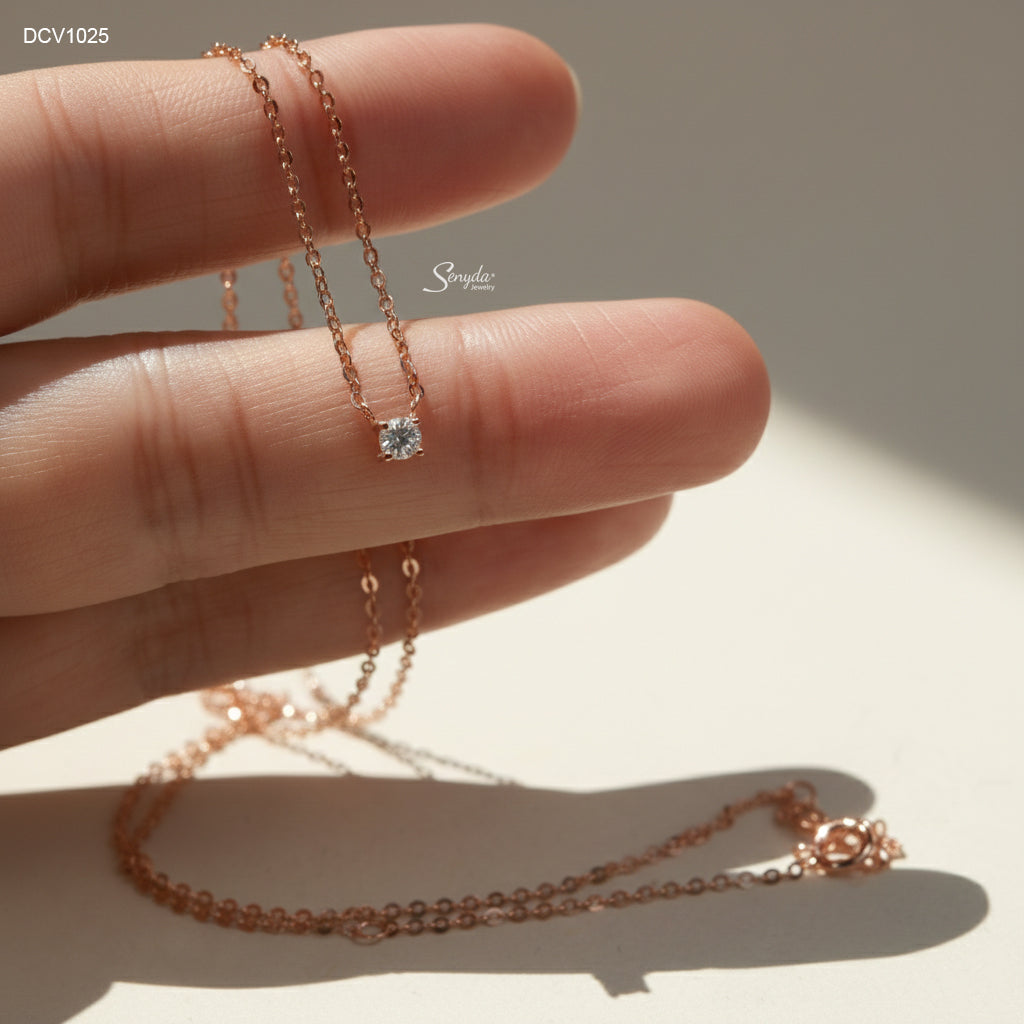 18K Solid Gold Cubic Zirconia Solitaire 4-Prong Necklace