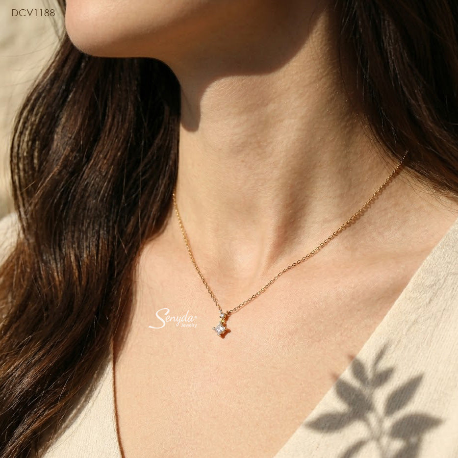 10K Solid Gold Corner Prong Princess Cut CZ Drop Necklace