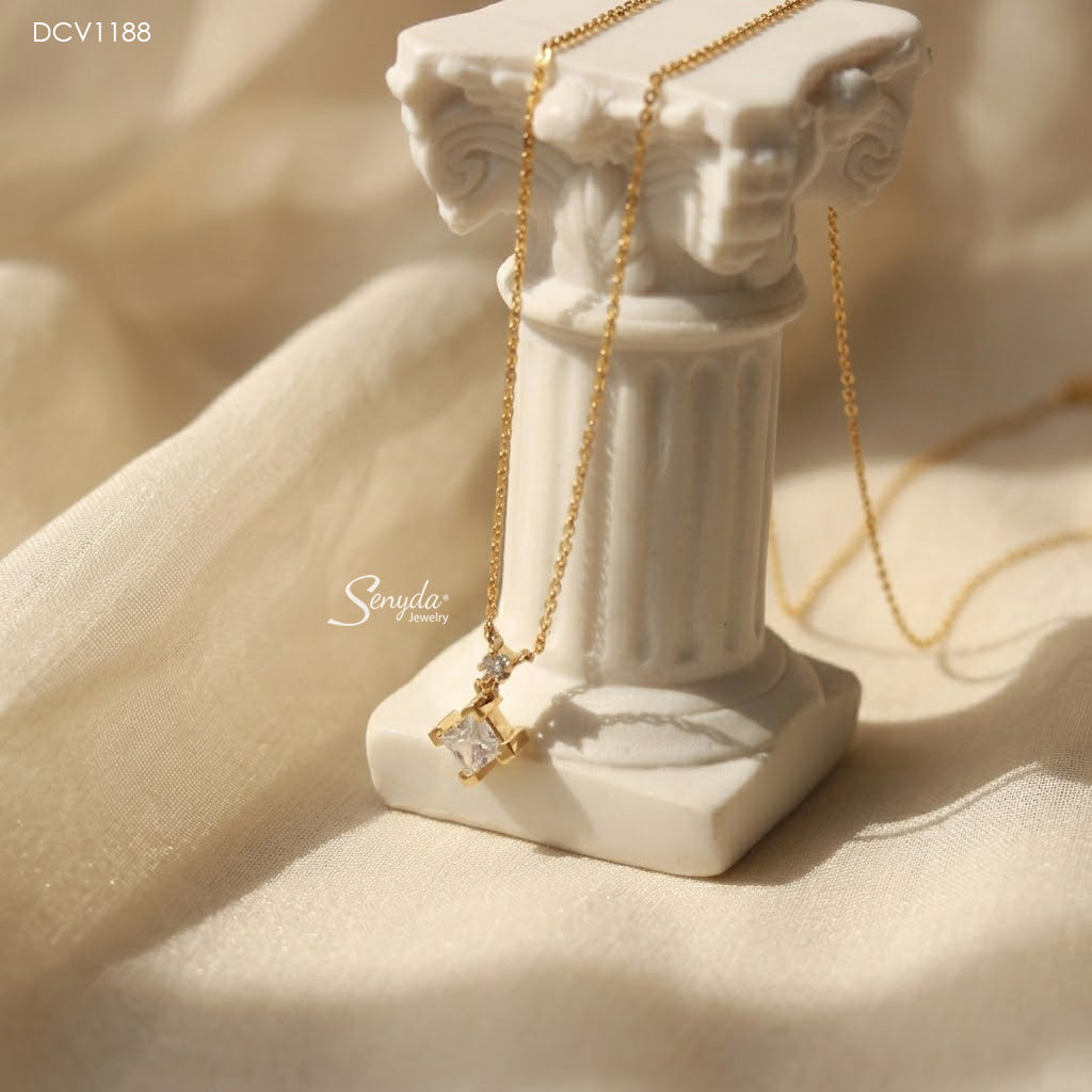 10K Solid Gold Corner Prong Princess Cut CZ Drop Necklace
