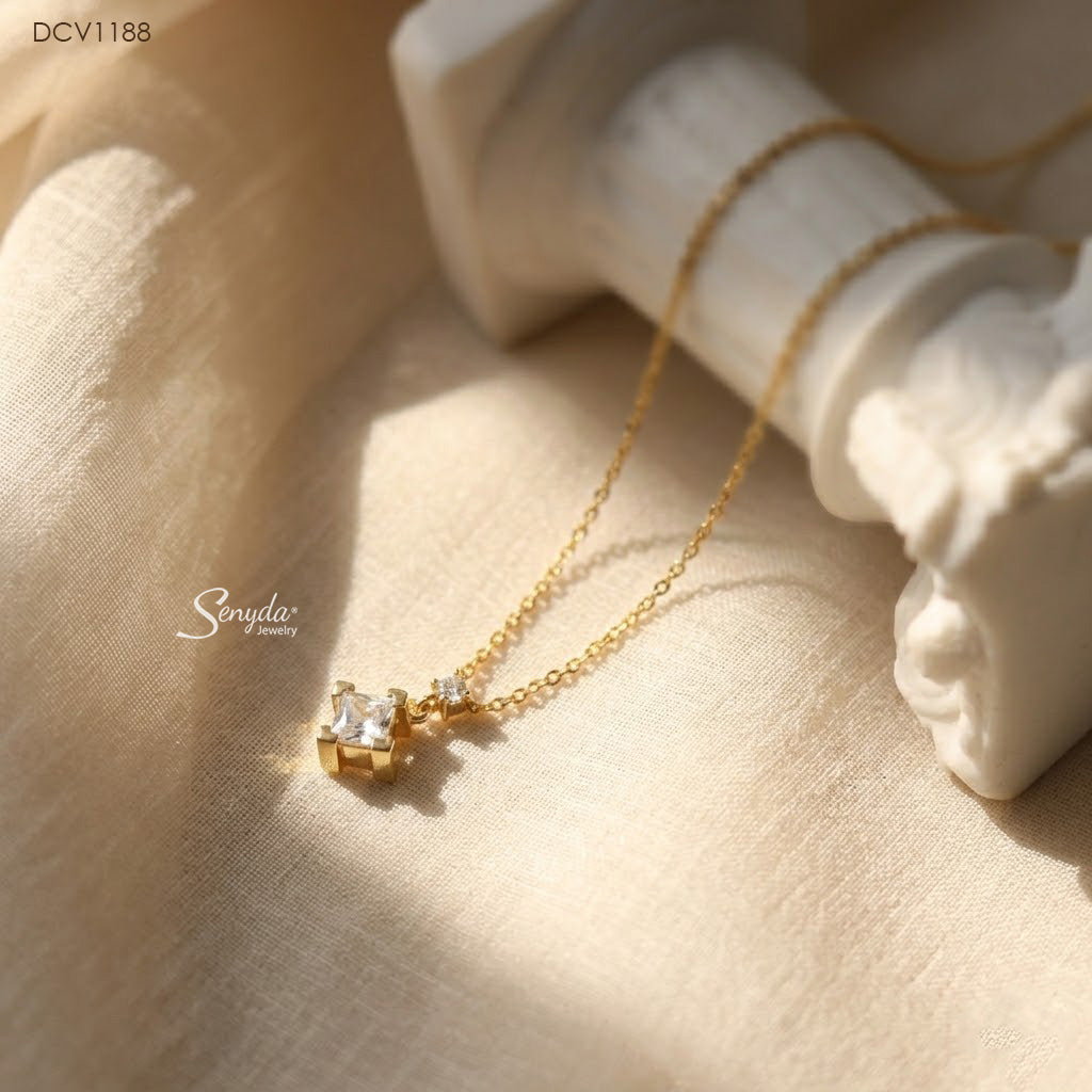 10K Solid Gold Corner Prong Princess Cut CZ Drop Necklace