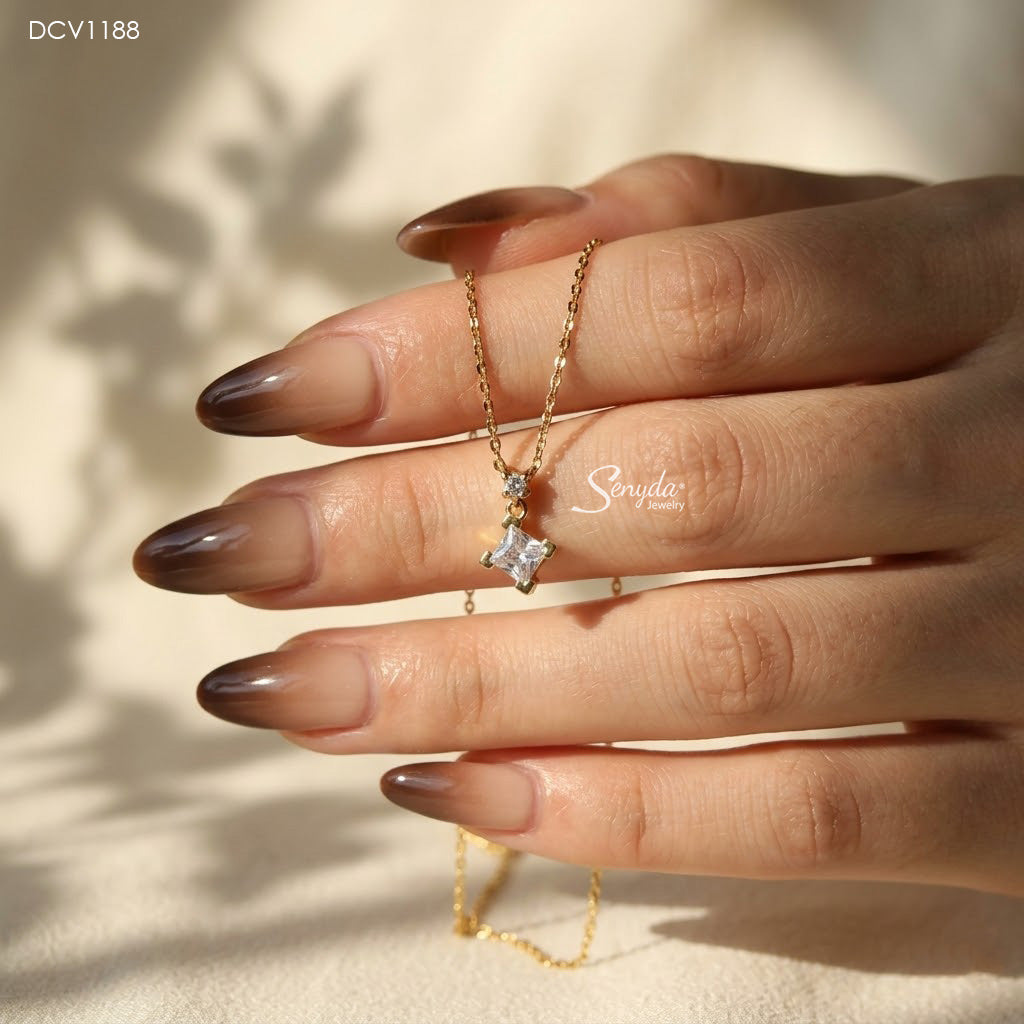 10K Solid Gold Corner Prong Princess Cut CZ Drop Necklace