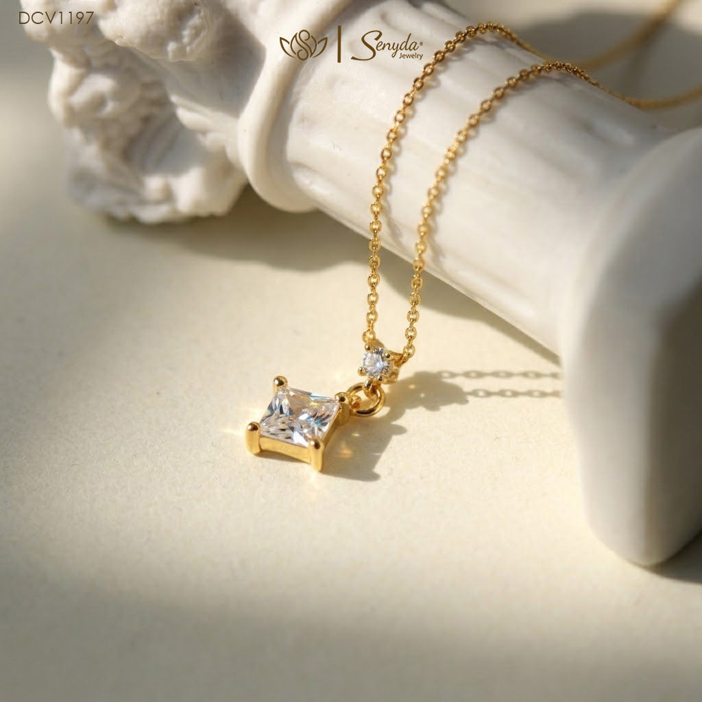 10K Solid Gold Square Moissanite Drop Necklace