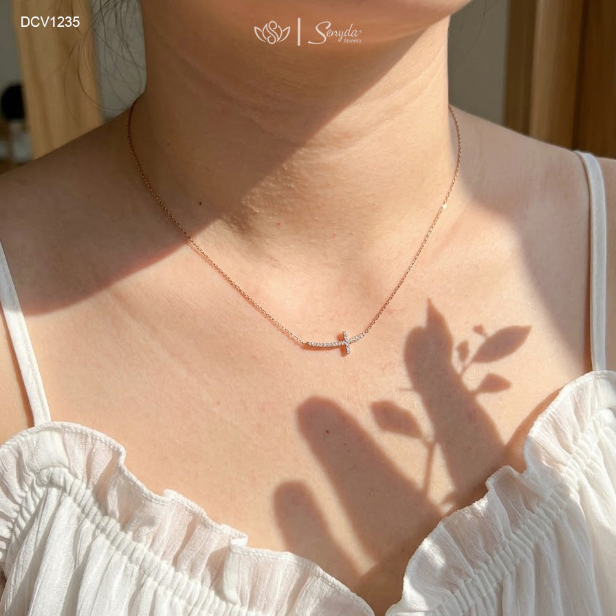 14K Solid Gold Pave Curved Sideways Cross Pendant Necklace