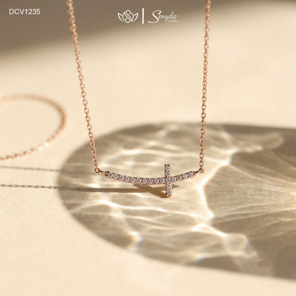 14K Solid Gold Pave Curved Sideways Cross Pendant Necklace