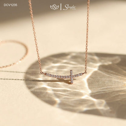 14K Solid Gold Pave Curved Sideways Cross Pendant Necklace