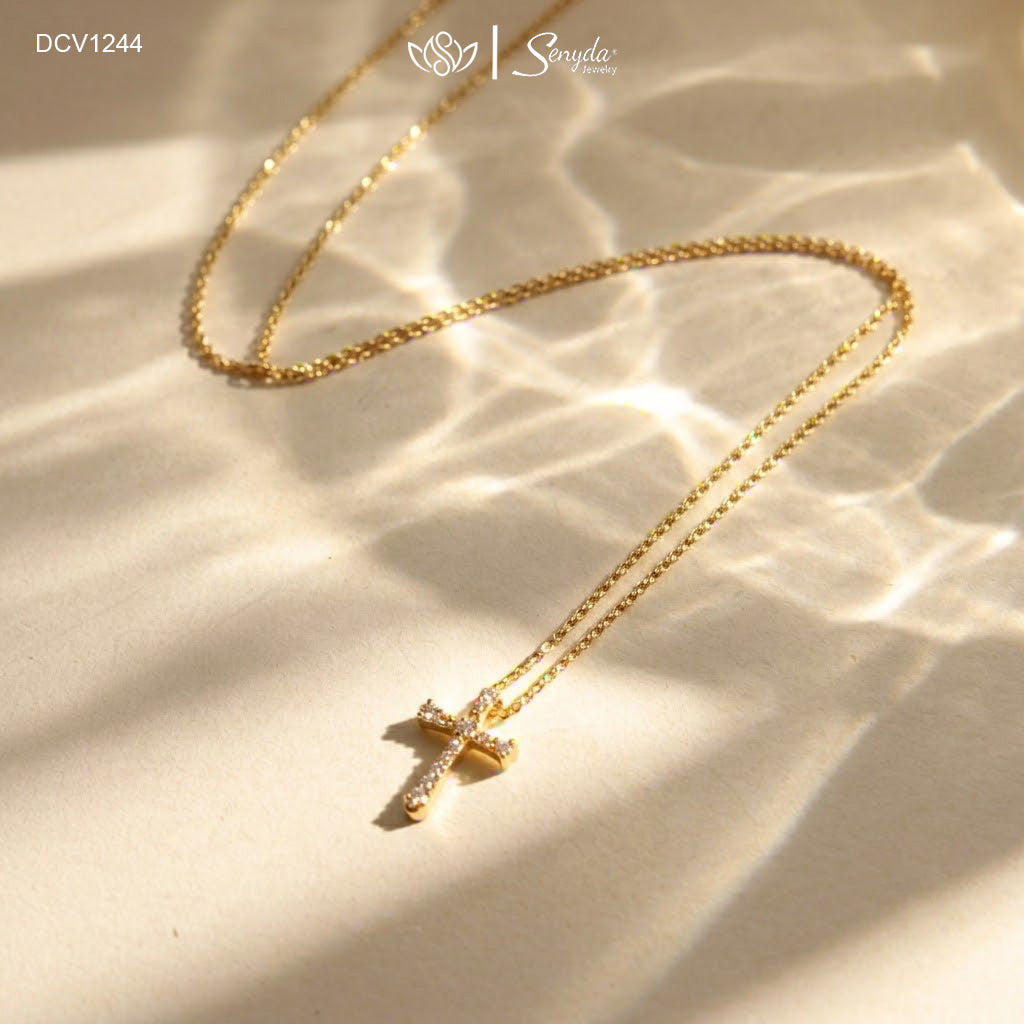 10K Solid Gold Slender Cubic Zirconia Classic Cross Necklace