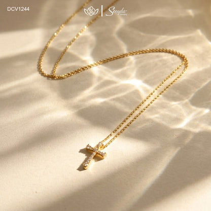 10K Solid Gold Slender Cubic Zirconia Classic Cross Necklace