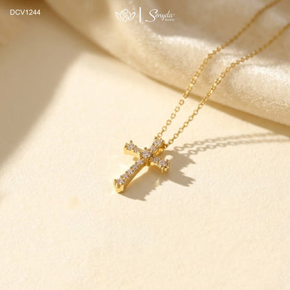 10K Solid Gold Slender Cubic Zirconia Classic Cross Necklace