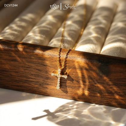10K Solid Gold Slender Cubic Zirconia Classic Cross Necklace