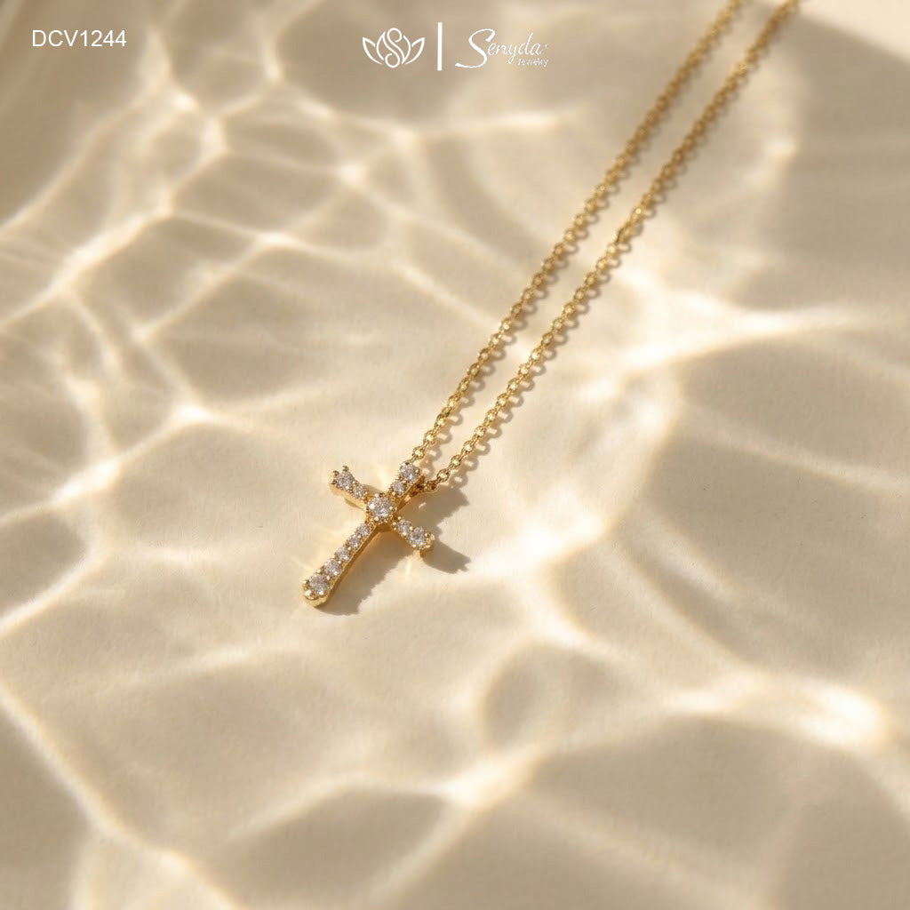 10K Solid Gold Slender Cubic Zirconia Classic Cross Necklace
