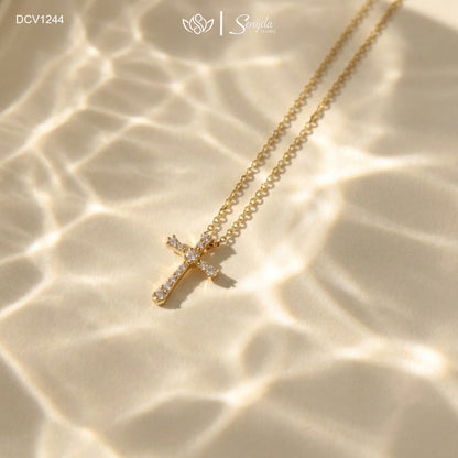 10K Solid Gold Slender Cubic Zirconia Classic Cross Necklace