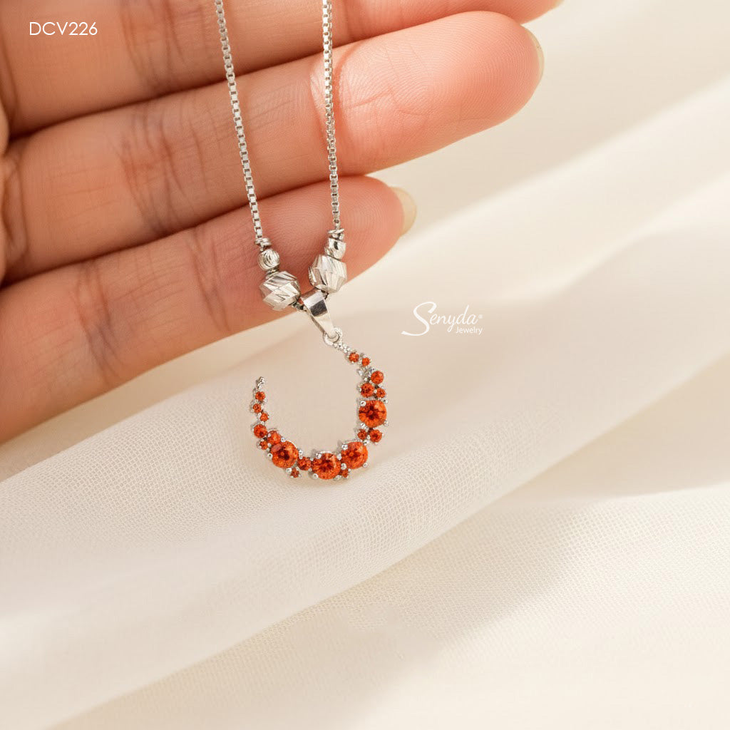 10K Solid Gold Pave Moon Necklace With Red Cubic Zirconia