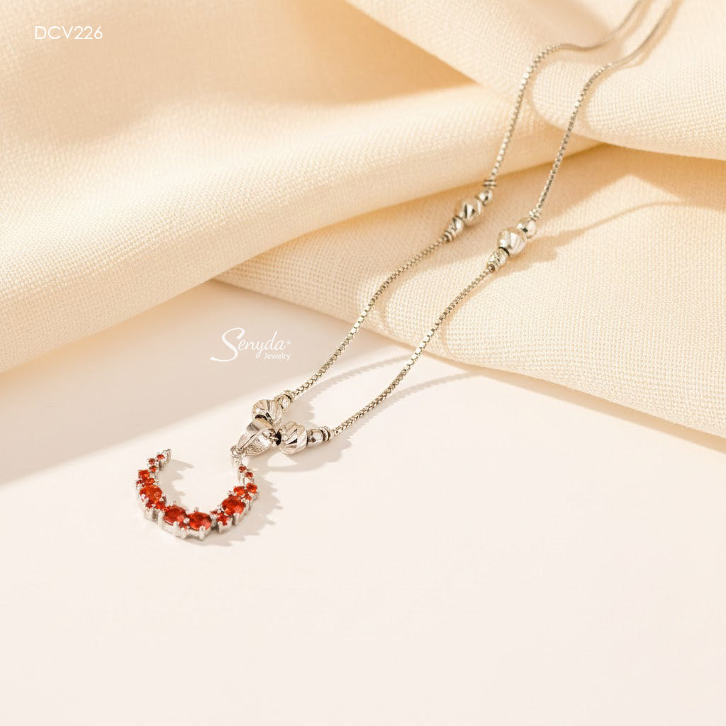 10K Solid Gold Pave Moon Necklace With Red Cubic Zirconia