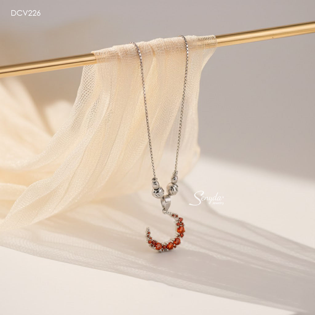 10K Solid Gold Pave Moon Necklace With Red Cubic Zirconia