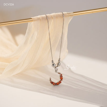 10K Solid Gold Pave Moon Necklace With Red Cubic Zirconia