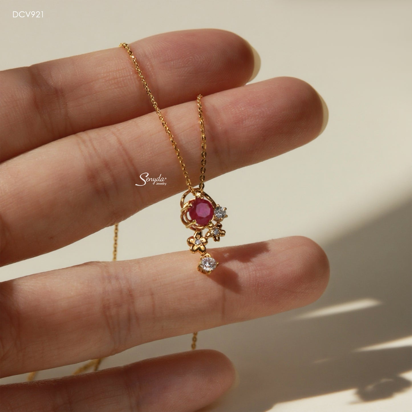 10K Solid Gold Cherry Blossom Ruby Necklace