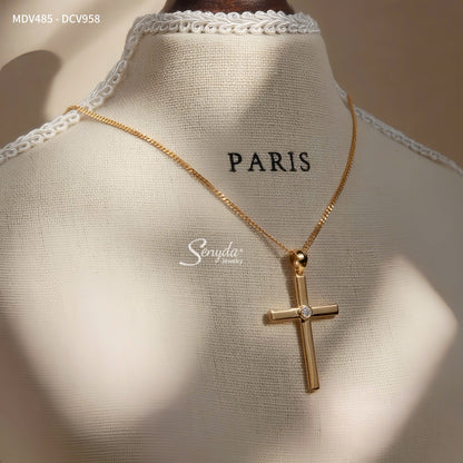 14K Solid Gold Cross Necklace With Moissanite Accent