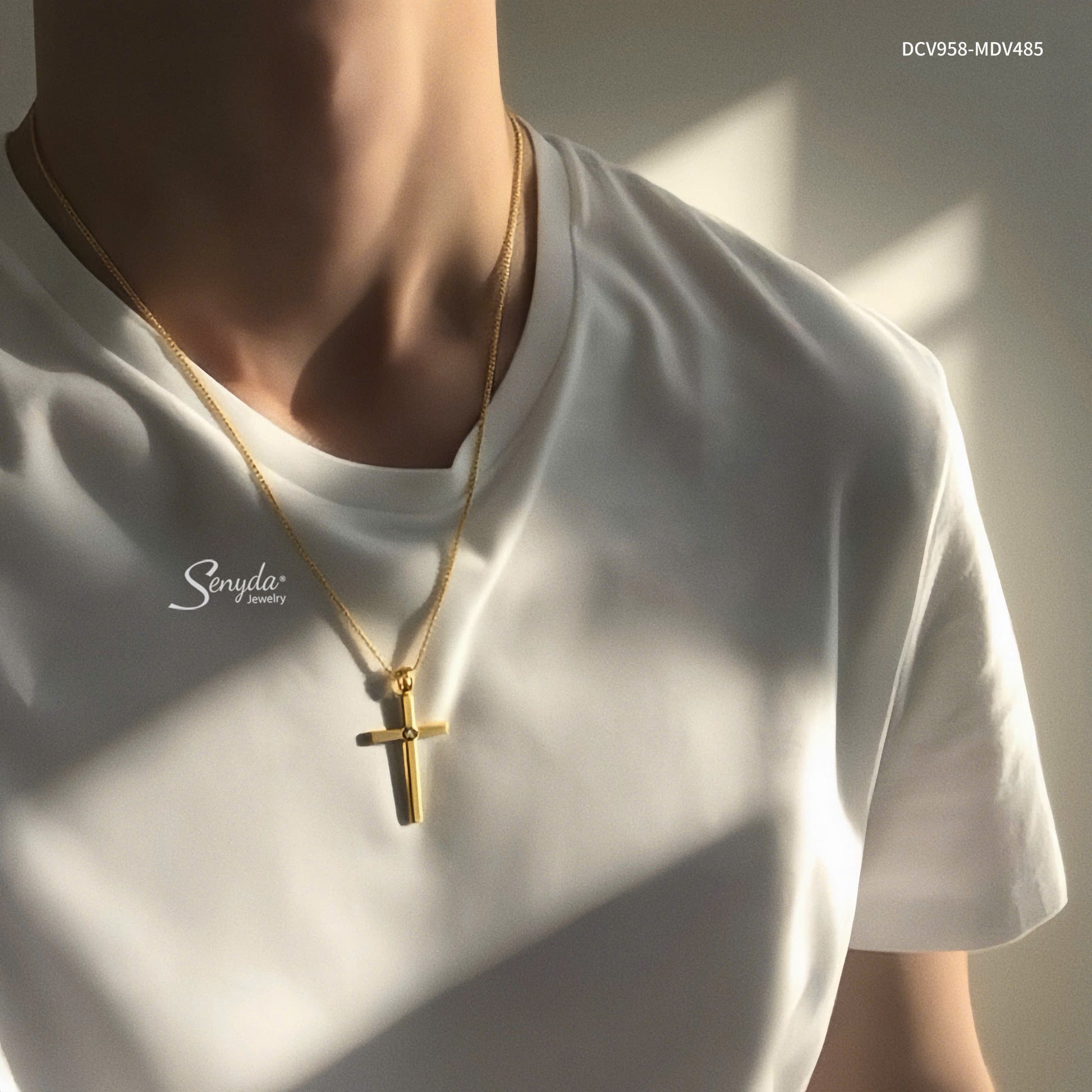14K Solid Gold Cross Necklace With Moissanite Accent
