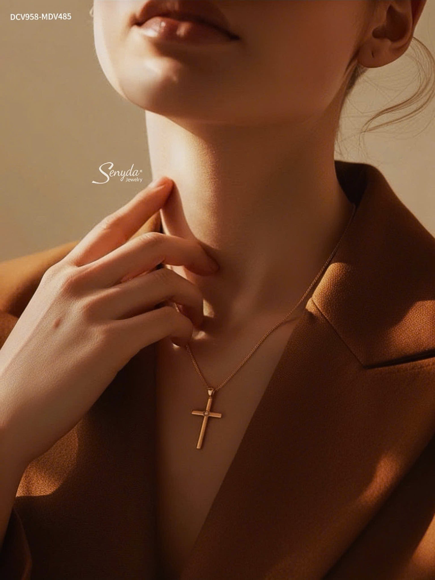 14K Solid Gold Cross Necklace With Moissanite Accent