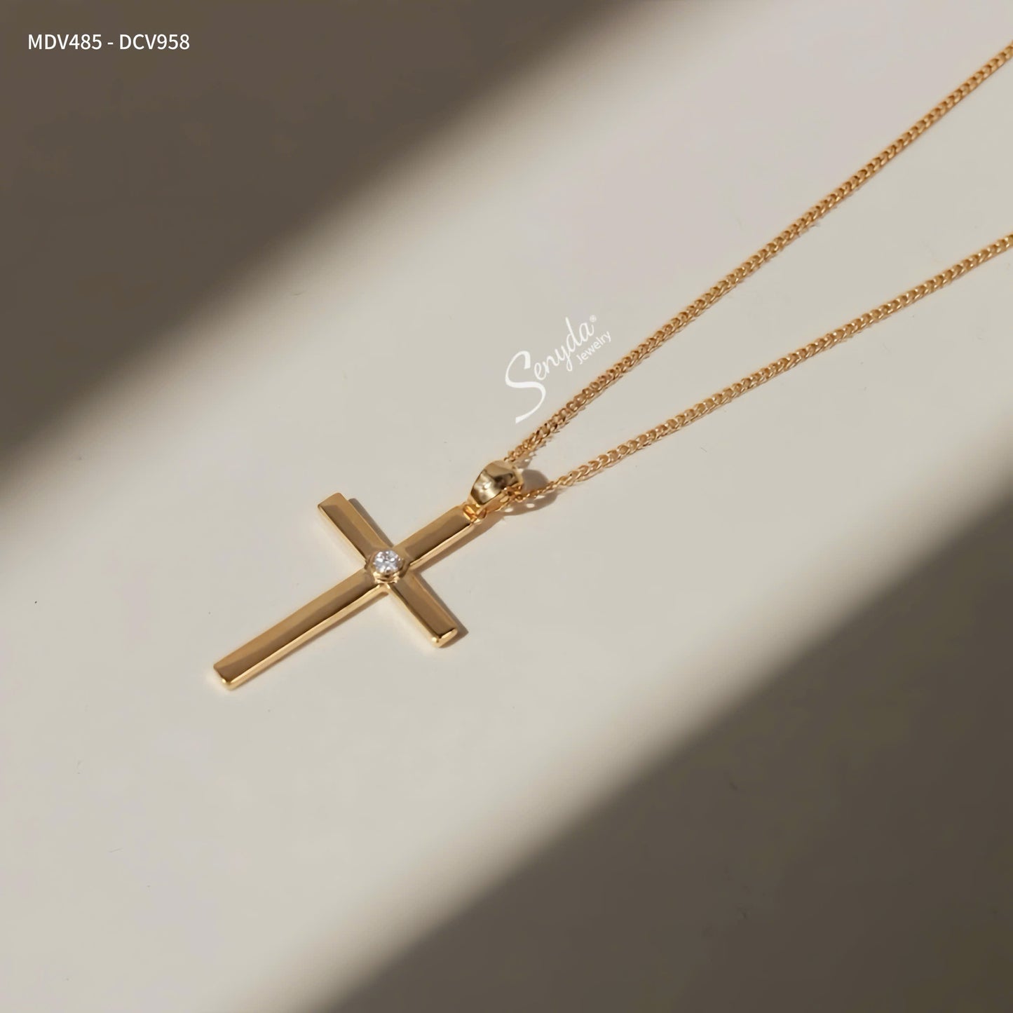 14K Solid Gold Cross Necklace With Moissanite Accent