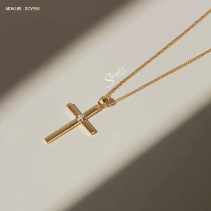 14K Solid Gold Cross Necklace With Moissanite Accent
