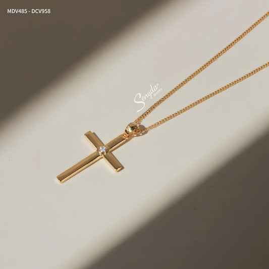14K Solid Gold Cross Necklace With Moissanite Accent