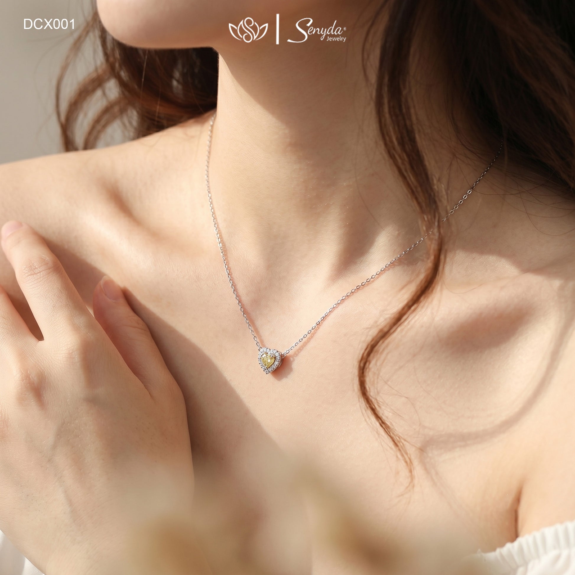 14K Solid White Gold Heart-Shaped Diamond Halo Necklace